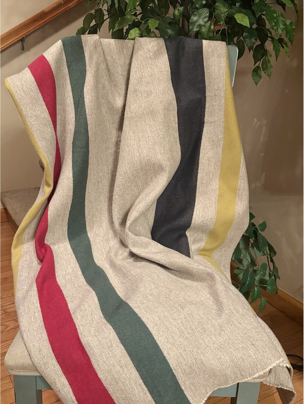 Vintage Wool Camp Blanket Striped 64x70” Hudson Bay/Pendleton Style Cabin Decor